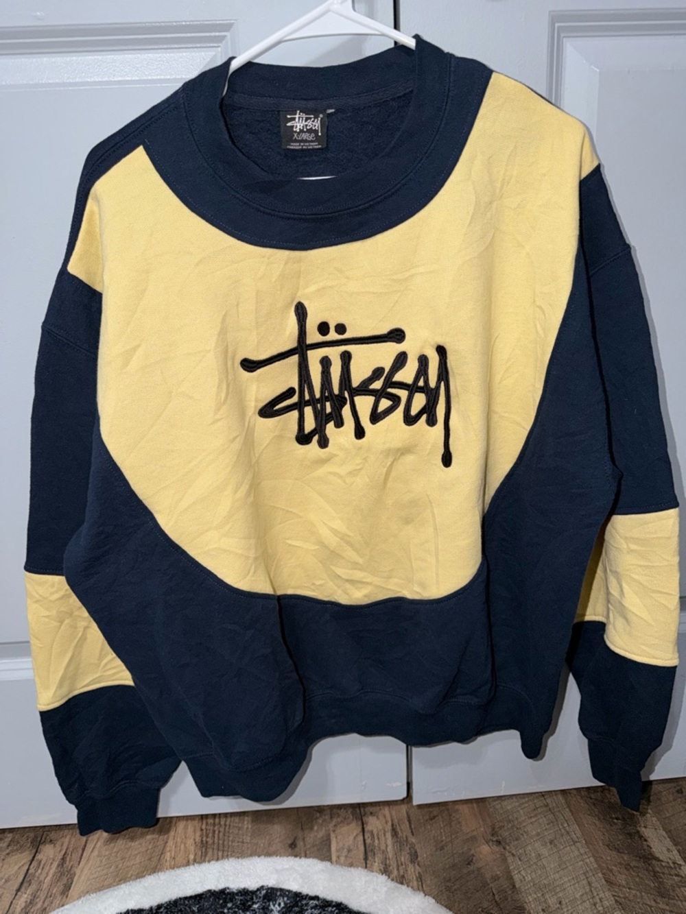 Stussy Navy and Yellow Reworked Vintage Crewneck